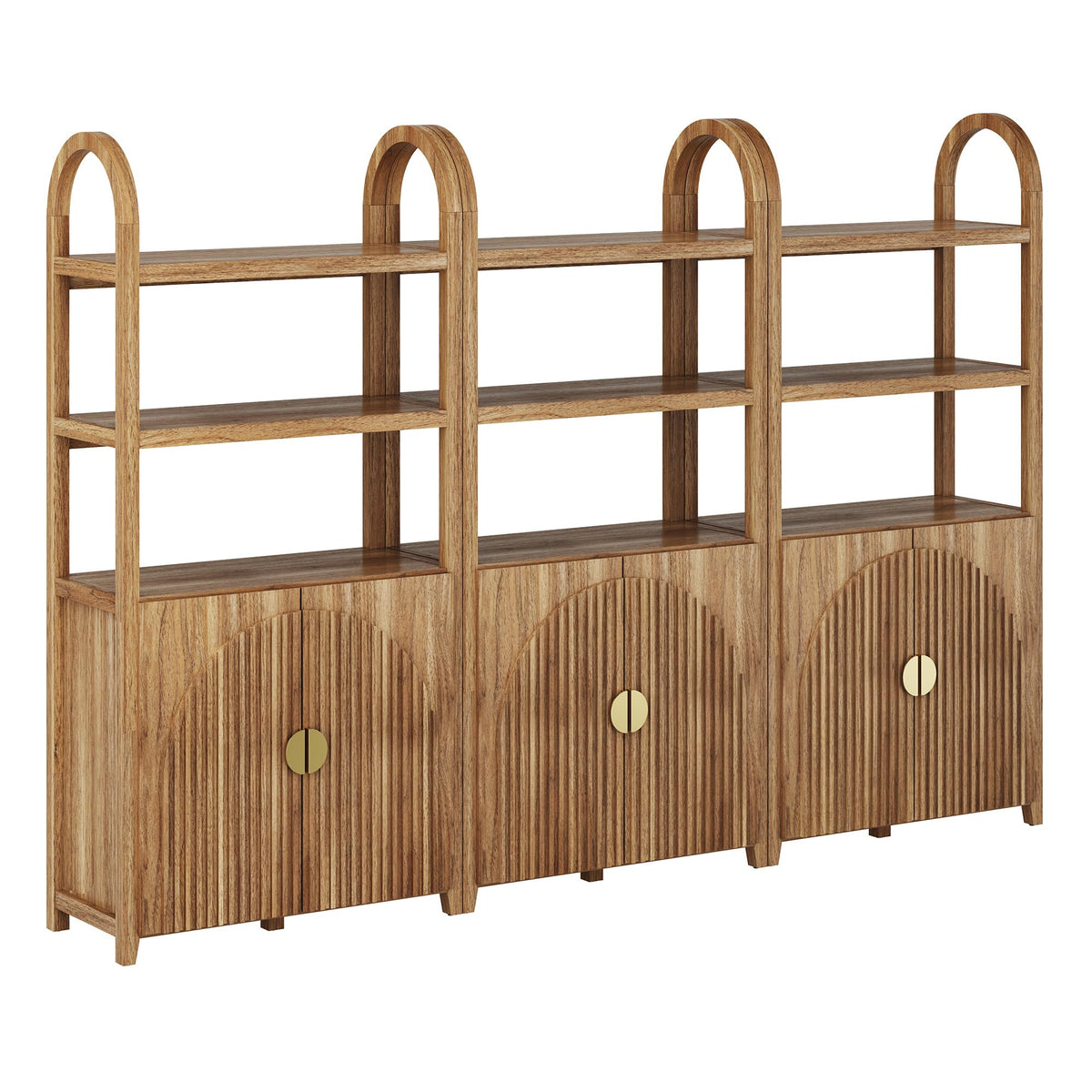 BELLEZE Book Shelf 72" Tall Arched Bookcase with Storage, 5 Tier Mid Century Modern Fluted Bookshelf with Doors, Modular Bookshelves for Living Room Office Library, Set of 2 (Caramel Brown)