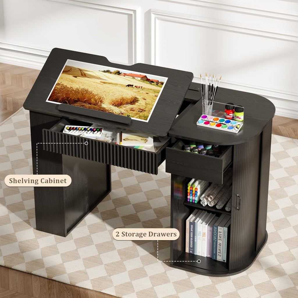 Drafting Table with Storage Cabinet & Drawers, Crafting Table with Open Shelves, Fluted Drawing Desk Computer Desk for Artists, Painters, Drawing, Crafting, Reading, Writing, Working