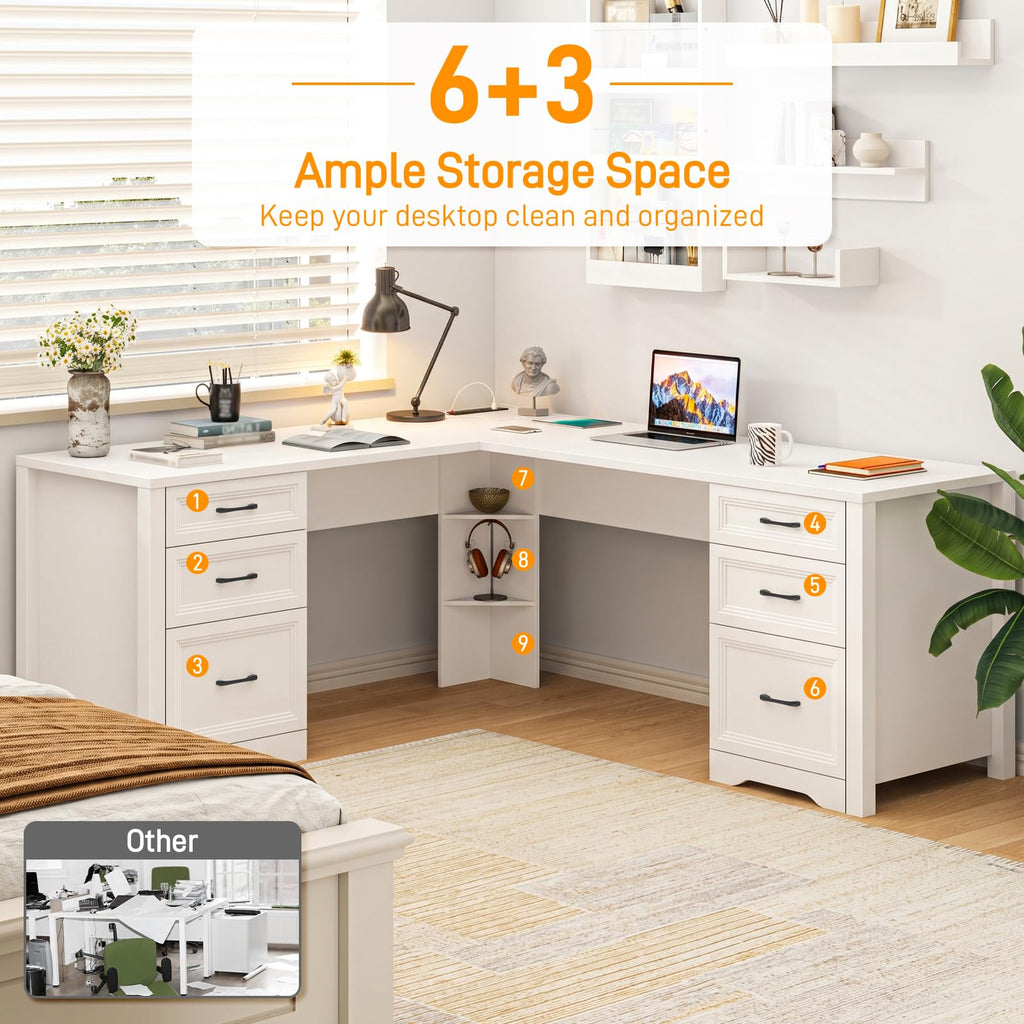 Halitaa Farmhouse Home Office Desk with 6 Drawers, L Shaped Executive Desk with Power Outlets and Triangle Under-Desk Storage Shelf & Drawer File Cabinet, Corner Computer Desk, Grey