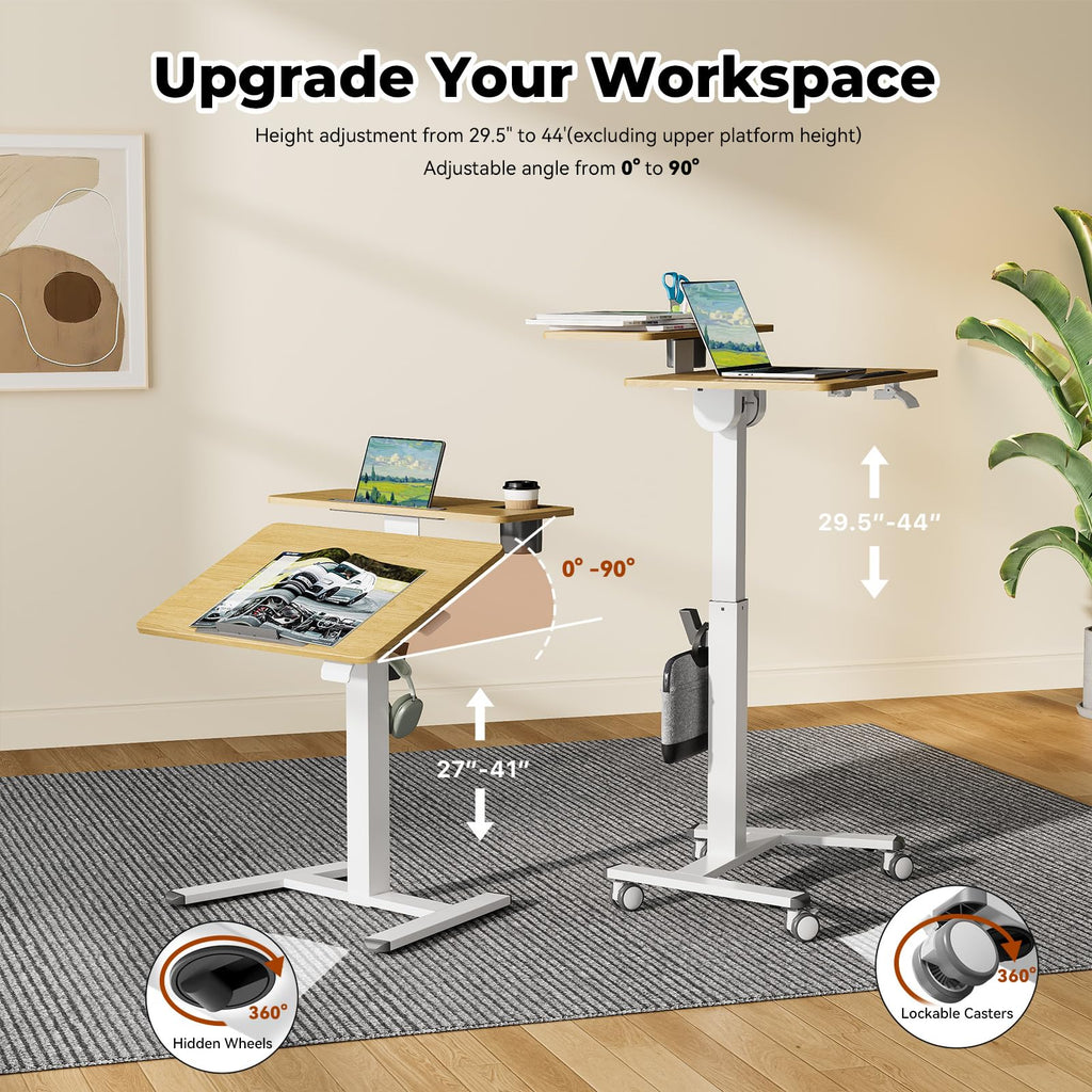28" Mobile Standing Desk, Tiltable Top with 2-Tier Shelves, White