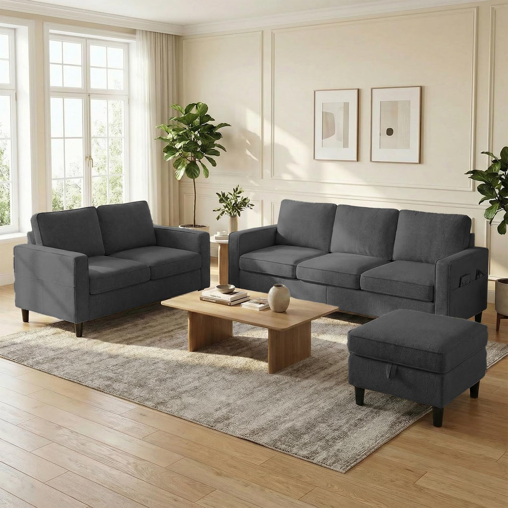 Mjkone 78"W 3 Pieces Sofa Couches Set for Living Room Sets Furniture, Sectional L Shaped 3-Seater Small Sofas Couch and Loveseat Sets with Storage Ottoman and Side Pockets for Home Office, Light Gray