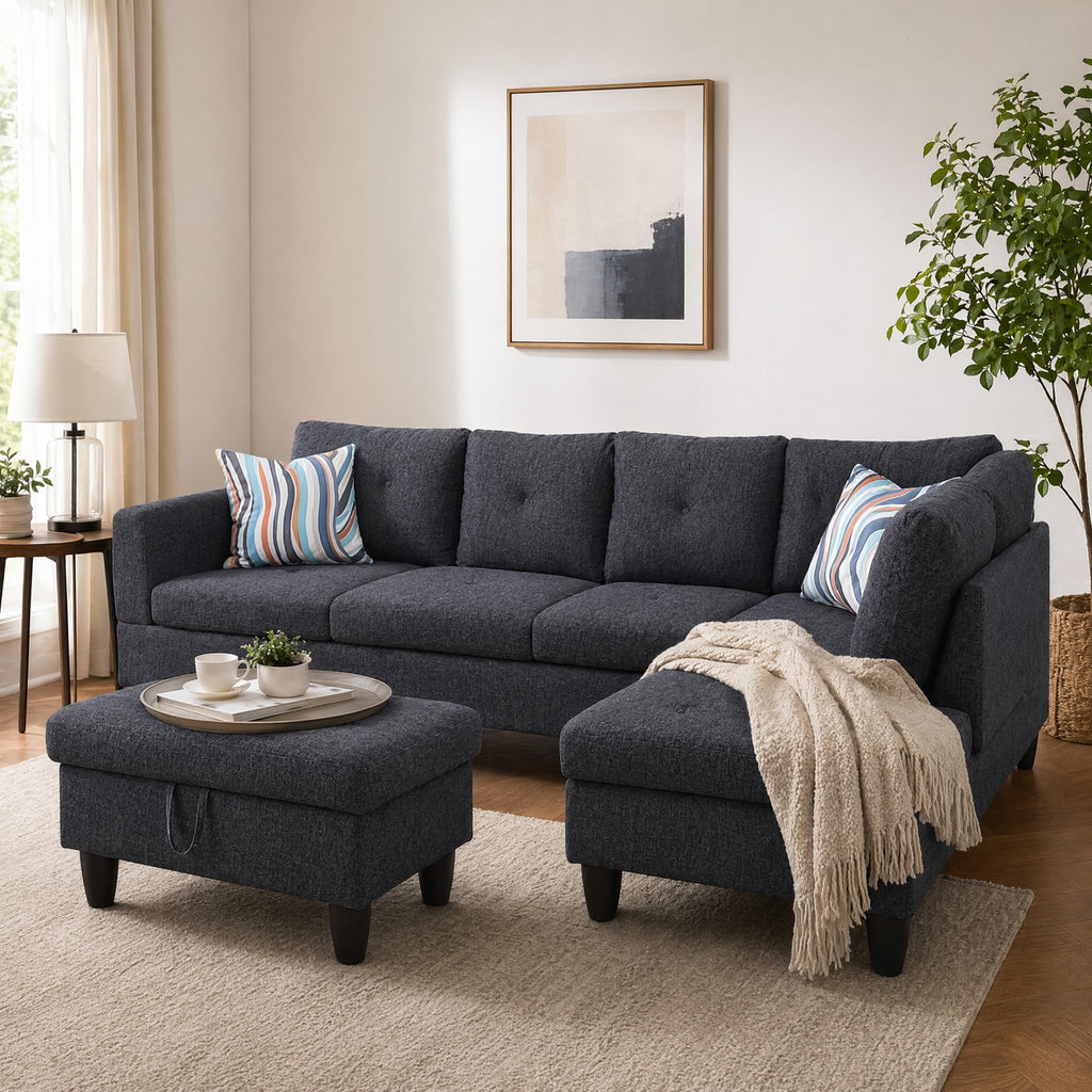 97.5" Leather L Shaped Couch with Left Chaise & Cup Holder, Sectional Sofas Modular Furniture Set with Storage Ottoman, Convertible Couches for Living Room, Office & Small Space (Black)