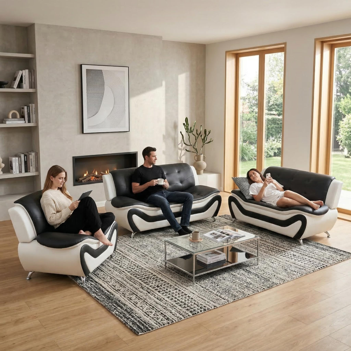 Modern Leather Sofa Set, Living Room Furniture, 3 - Piece Couch Set, Faux Leather Couch Loveseat Chair Set with Sturdy Legs for Living Room/Bedroom/Office,Black
