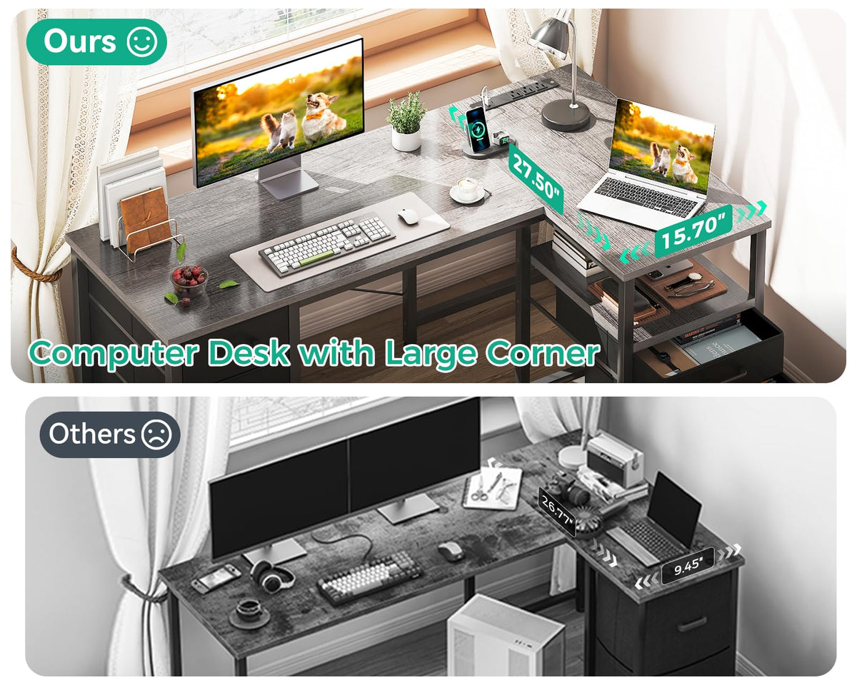 Coleshome 55 Inch L Shaped Office Desk with 6 Drawers, Power Outlet, White