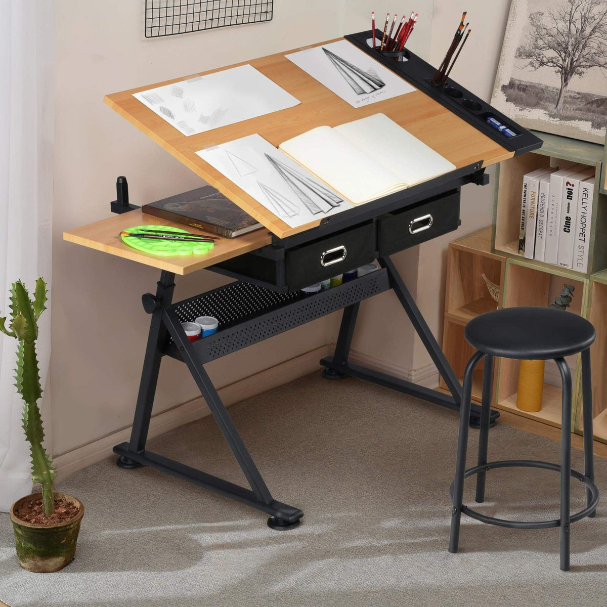 Yaheetech Adjustable Drafting Table Art Desk,Storage Drawers & Stool,White