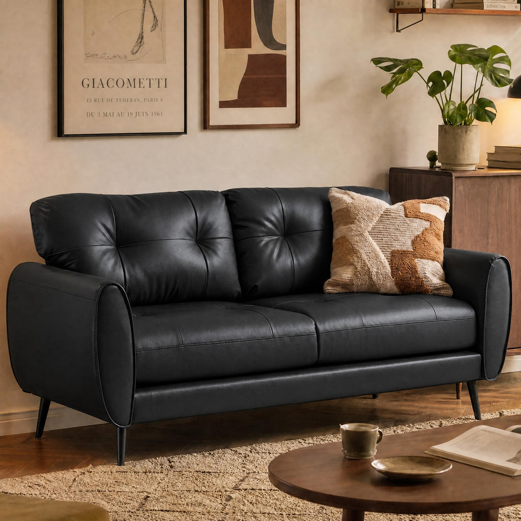 61'' Small Leather Loveseat and Chair, 3 Piece Living Room Sets, Black