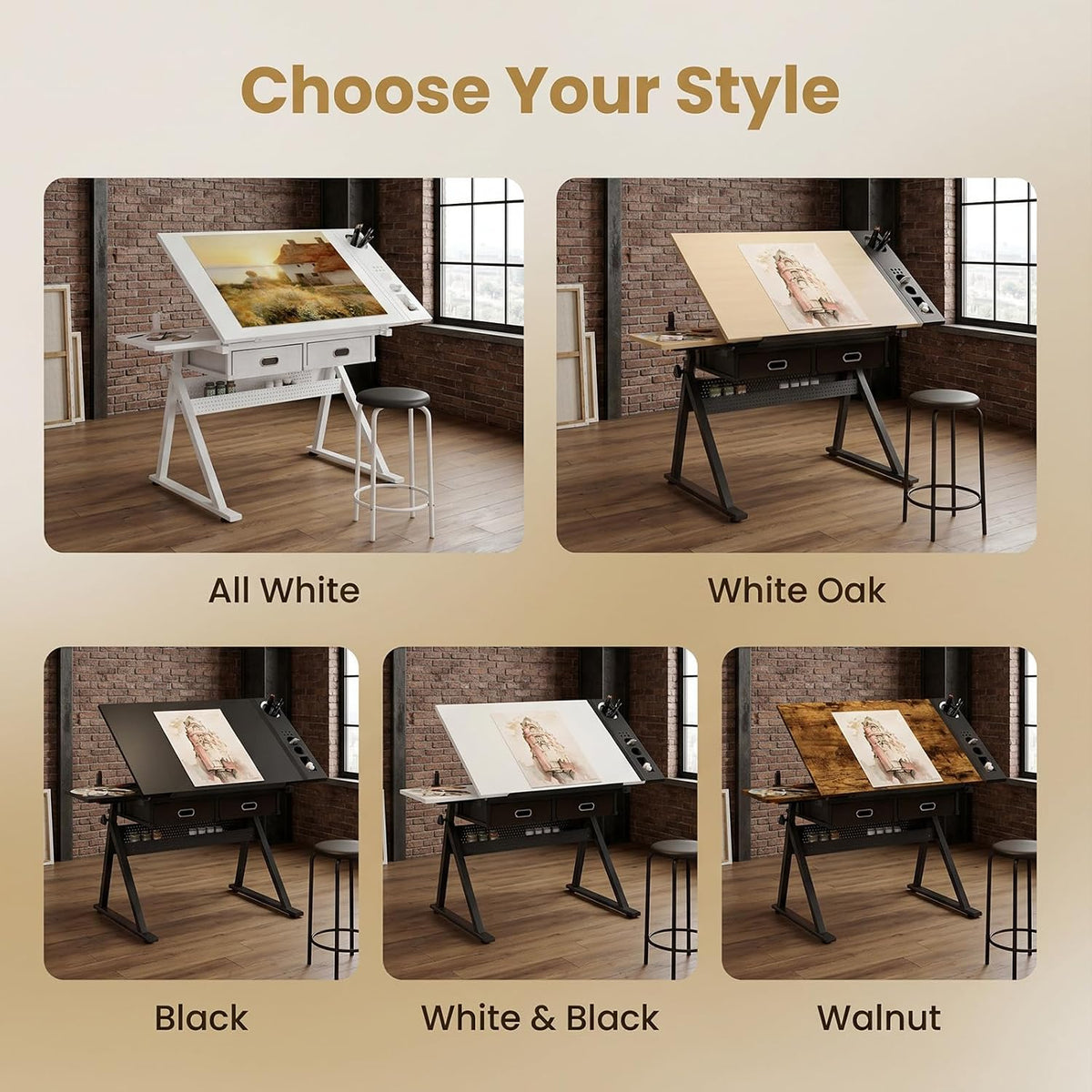 Height Adjustable Drafting Table w/Stool, Painting Table Art Craft Desk Crafting Drawing Desk with Tilting Tabletop, 2 Storage Drawers for Artist Painters (Rustic Brown)