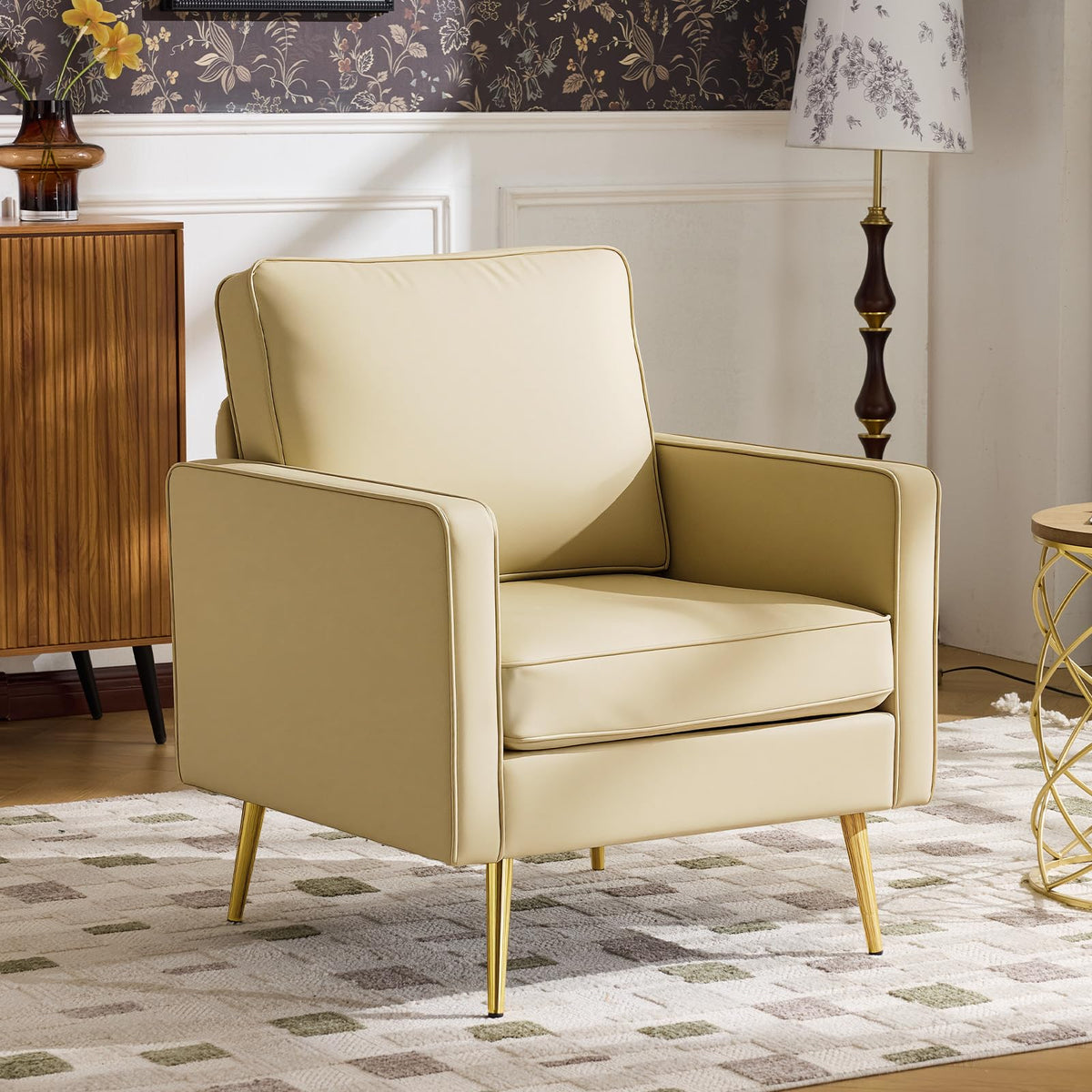 VINGLI Faux Leather Accent Chairs Set of 2 with Gold Legs for Living Room
