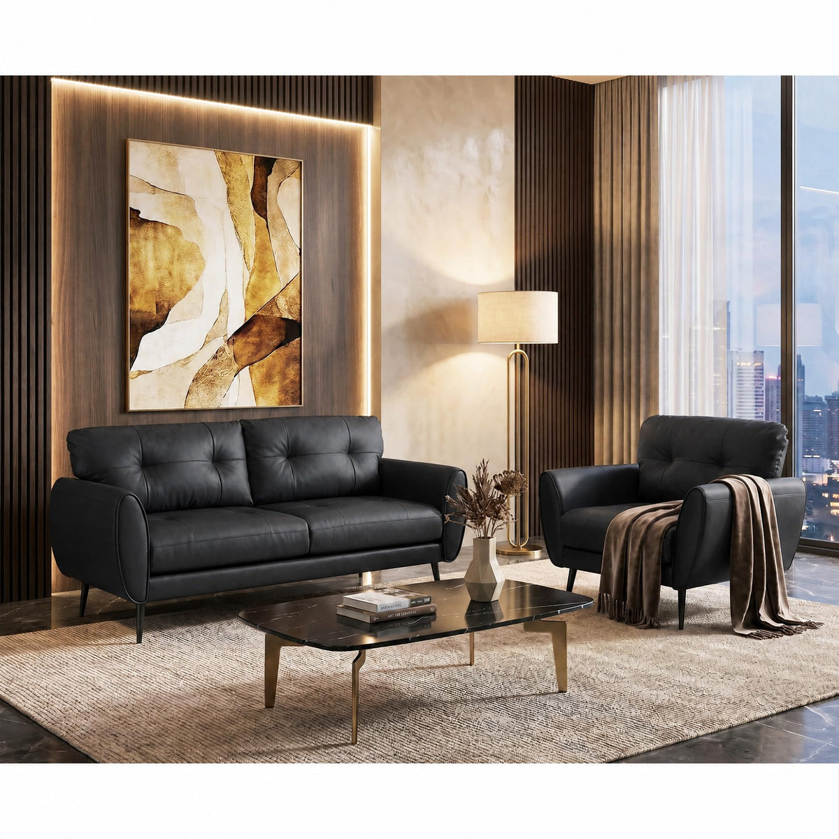 61'' Small Leather Loveseat and Chair, 3 Piece Living Room Sets, Black