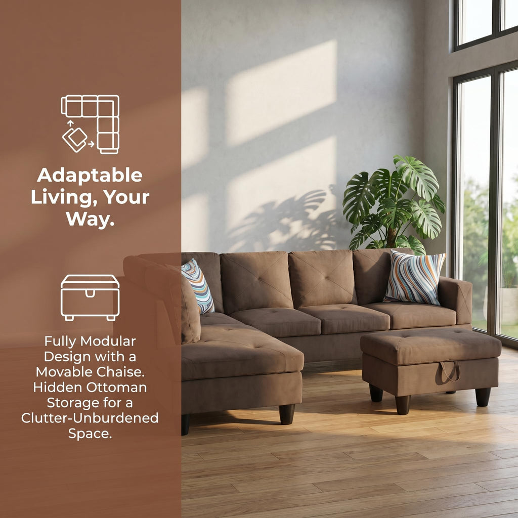97.5" L-Shaped Modular Sectional Sofa with Movable Chaise & Storage Ottoman, 3 Piece Convertible Leather Couch, 4 Seat Gloss Black Living Room Furniture Set for Apartment Home Office