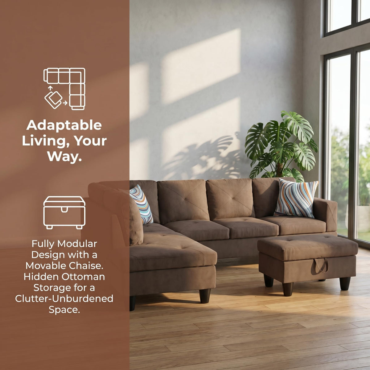 97.5" L-Shaped Modular Sectional Sofa with Movable Chaise & Storage Ottoman, 3 Piece Convertible Leather Couch, 4 Seat Gloss Black Living Room Furniture Set for Apartment Home Office