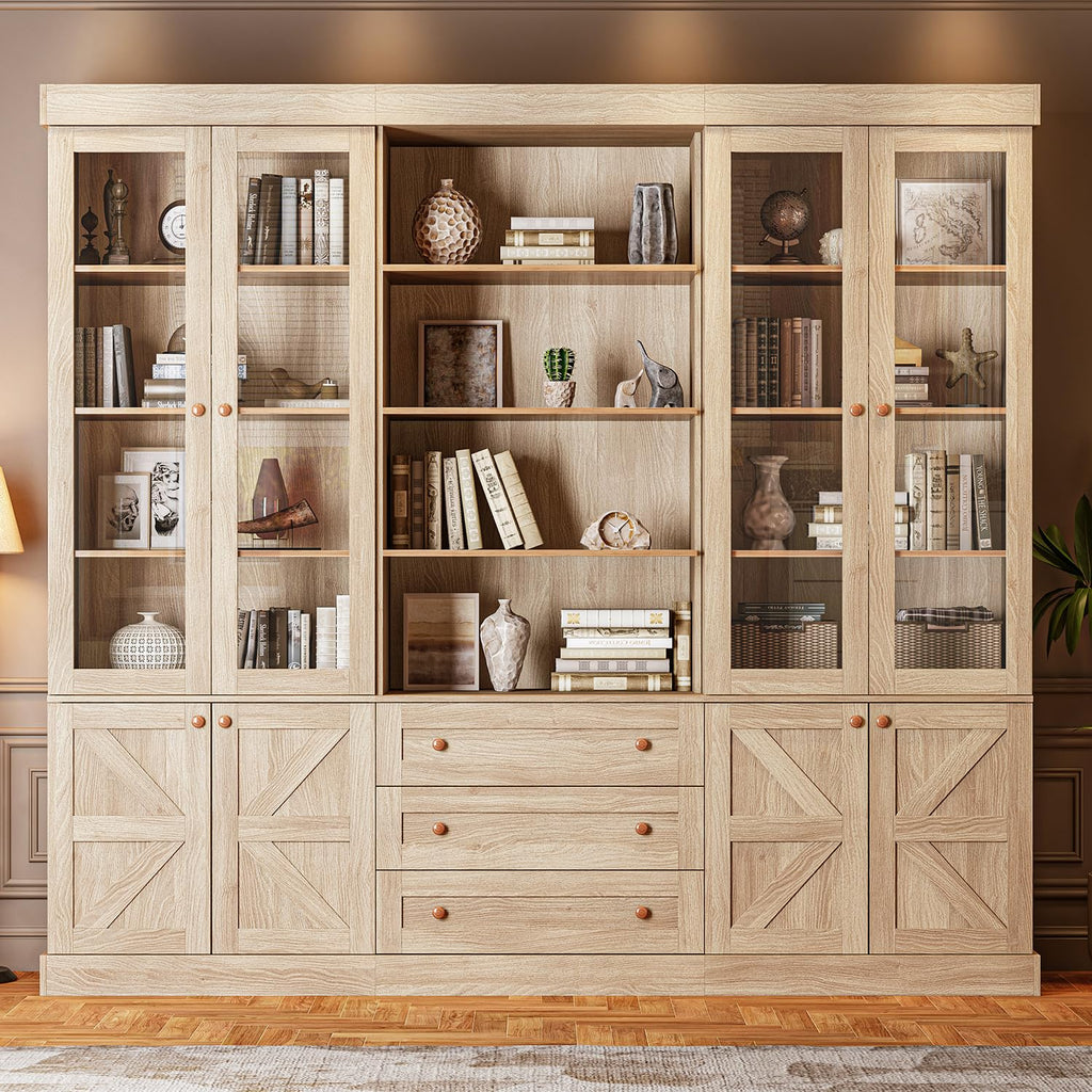 Vyre 71" Tall Farmhouse Bookshelves with Drawers, Set of 3 â Large Modular Bookcase with Adjustable Shelves, Storage Cabinet for Living Room, Kitchen, Home Office, Brown