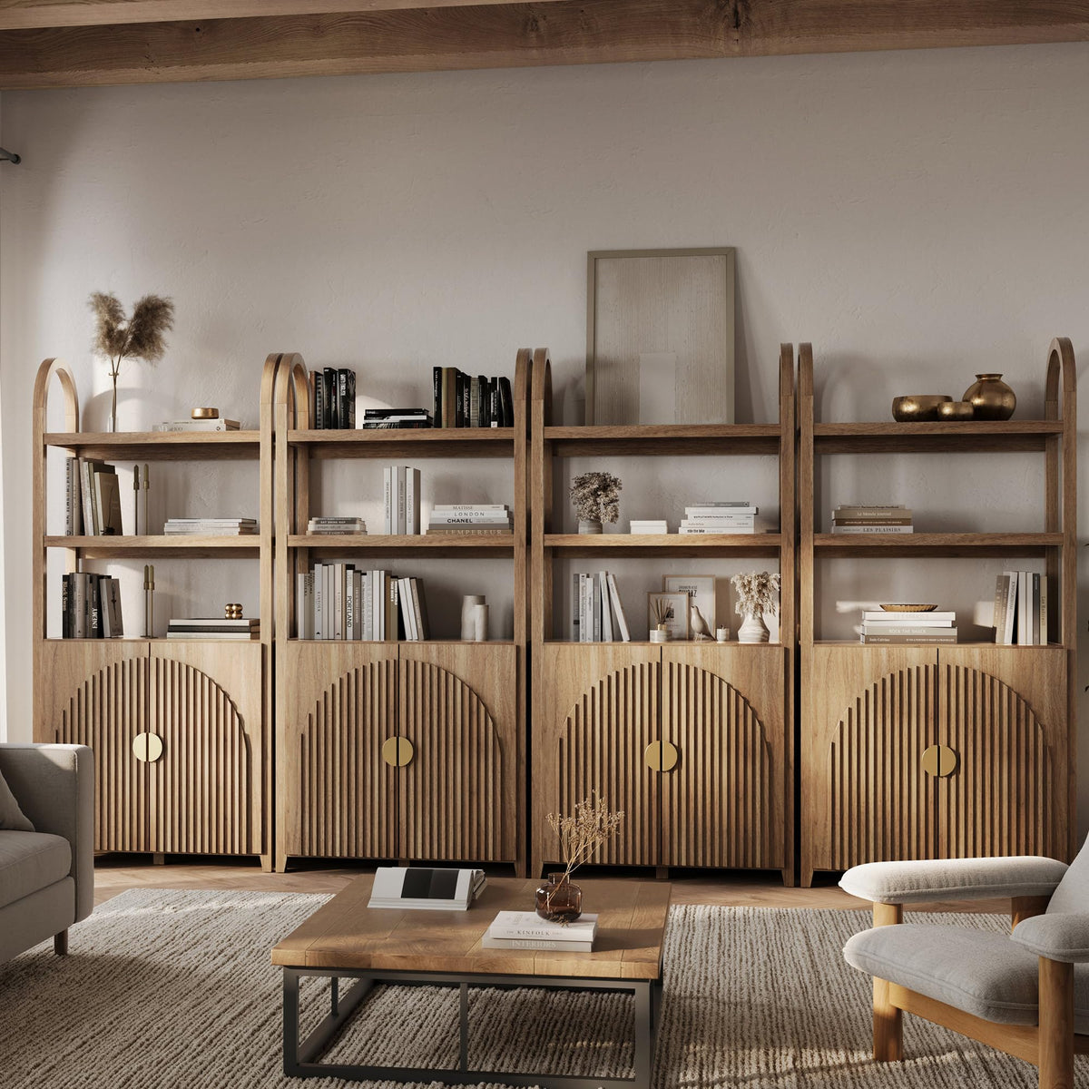 BELLEZE Book Shelf 72" Tall Arched Bookcase with Storage, 5 Tier Mid Century Modern Fluted Bookshelf with Doors, Modular Bookshelves for Living Room Office Library, Set of 2 (Caramel Brown)