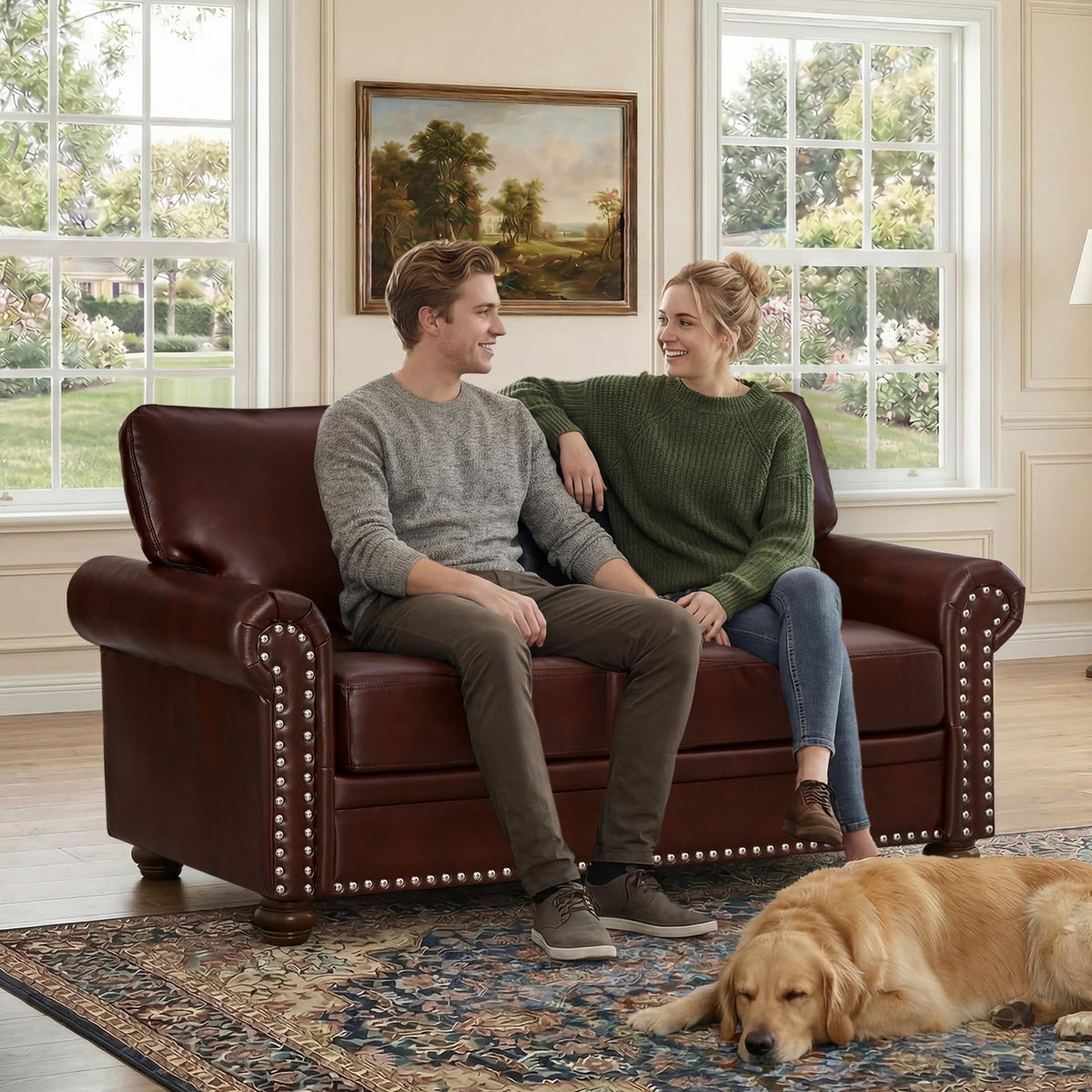 2 Piece Couch Sets for Living Room,Mid Century Modern Couch with Storage Nailhead Trim & Rolled Armrests,Deep Seat Comfy Couch,Furniture Set for Living Room,Bedroom,Office(Navy Blue,Loveseat+3 Seater)