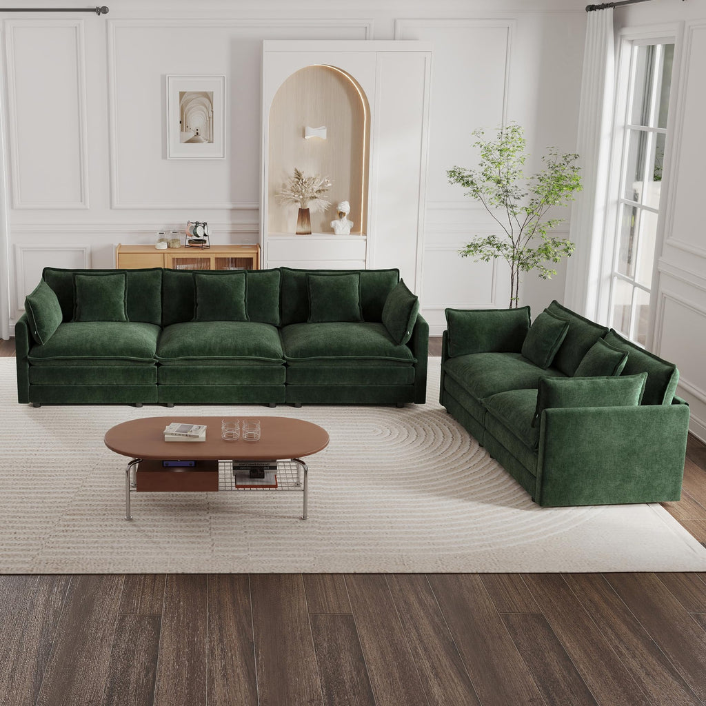 mikibama Luxury 2 Piece Loveseat Couch & Sofa Armchair Set, Modern Upholstered Chenille Cloud Couches Set Furniture with 5 Pillow for Living Room Bedroom Office Apartment, Evergreen