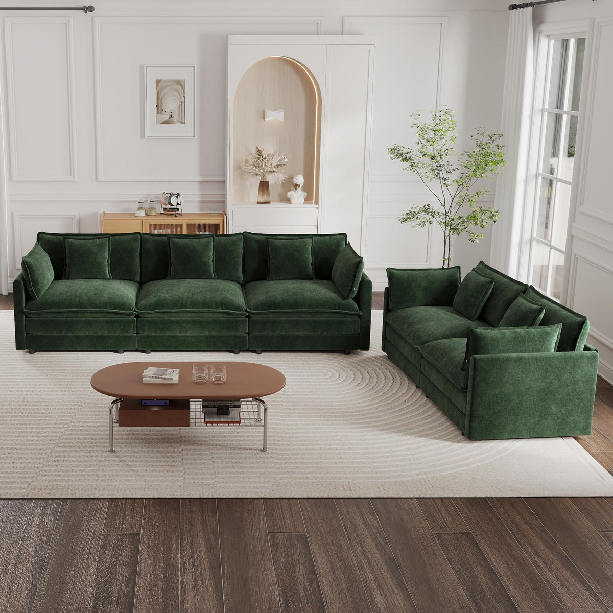 mikibama Luxury 2 Piece Loveseat Couch & Sofa Armchair Set, Modern Upholstered Chenille Cloud Couches Set Furniture with 5 Pillow for Living Room Bedroom Office Apartment, Evergreen