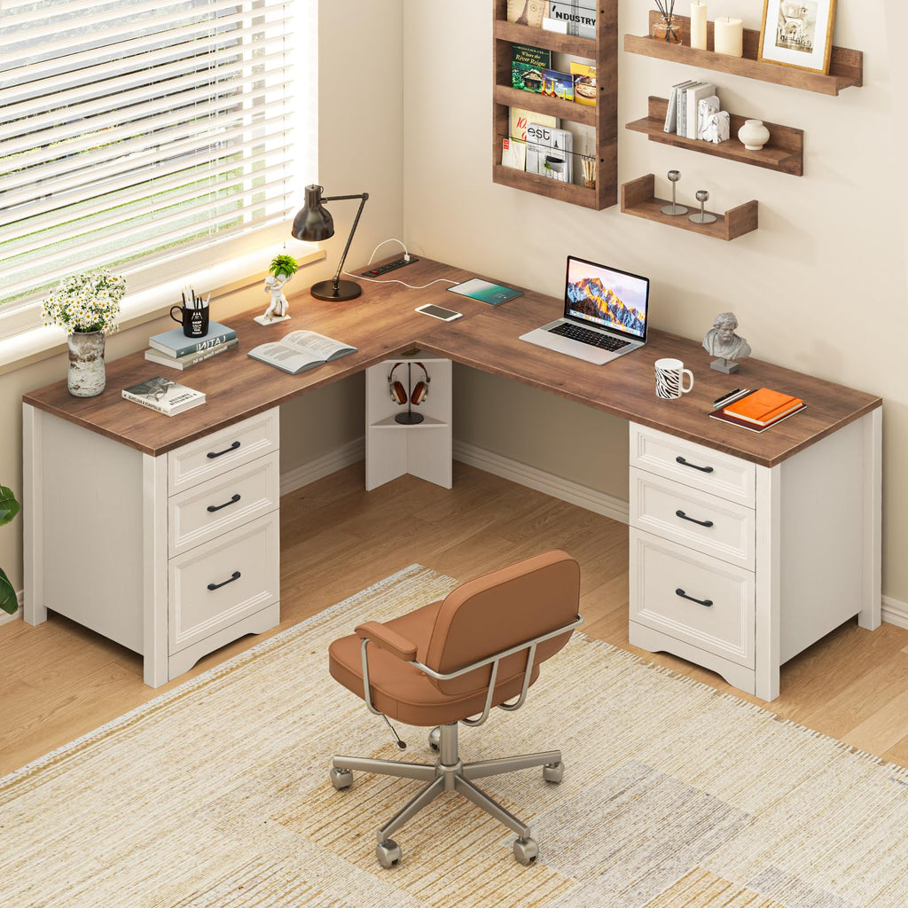 Halitaa Farmhouse Home Office Desk with 6 Drawers, L Shaped Executive Desk with Power Outlets and Triangle Under-Desk Storage Shelf & Drawer File Cabinet, Corner Computer Desk, Grey