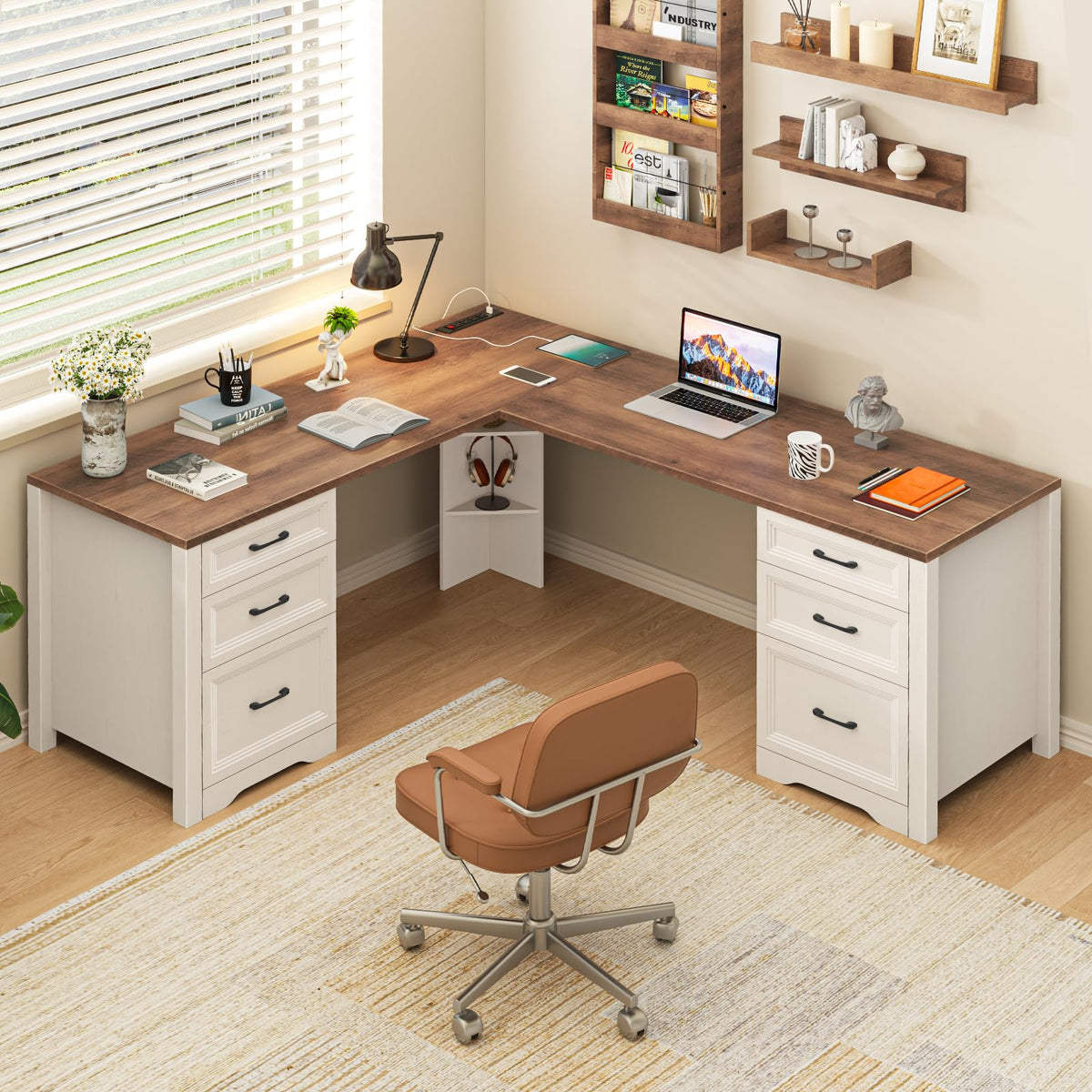 Halitaa Farmhouse Home Office Desk with 6 Drawers, L Shaped Executive Desk with Power Outlets and Triangle Under-Desk Storage Shelf & Drawer File Cabinet, Corner Computer Desk, Grey