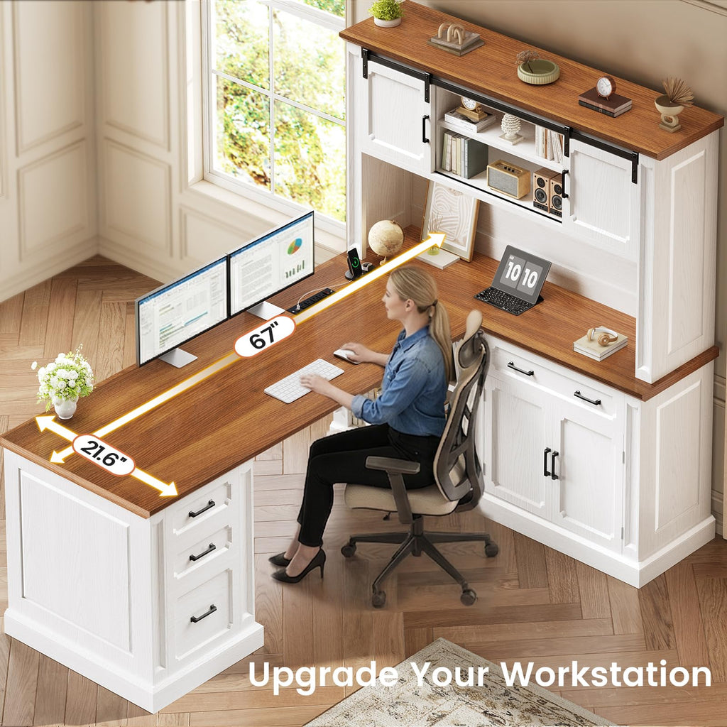 SEDETA Farmhouse 70.9" Executive Desk, Home Office Desk with File Drawers and Storage Cabinet, Computer Desk with Power Outlet for Home Office, Work Study Writing, Black+Brown