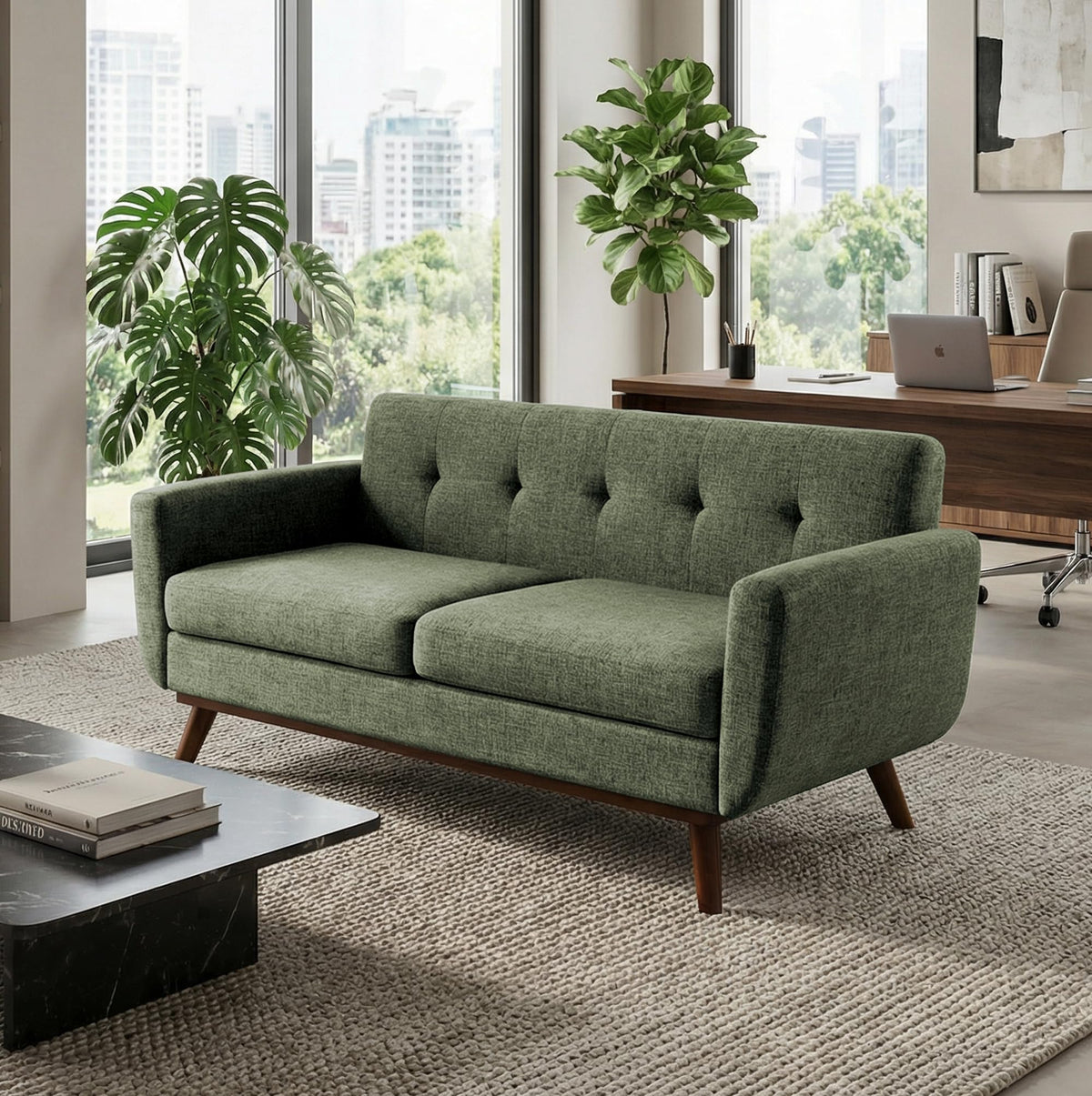 Kingfun 2 Piece Loveseat and Sofa Sets, Mid Century Modern Love Seat Couches for Living Room, Button Tufted Upholstered Furniture, Small Couch for Bedroom, Office, Beige