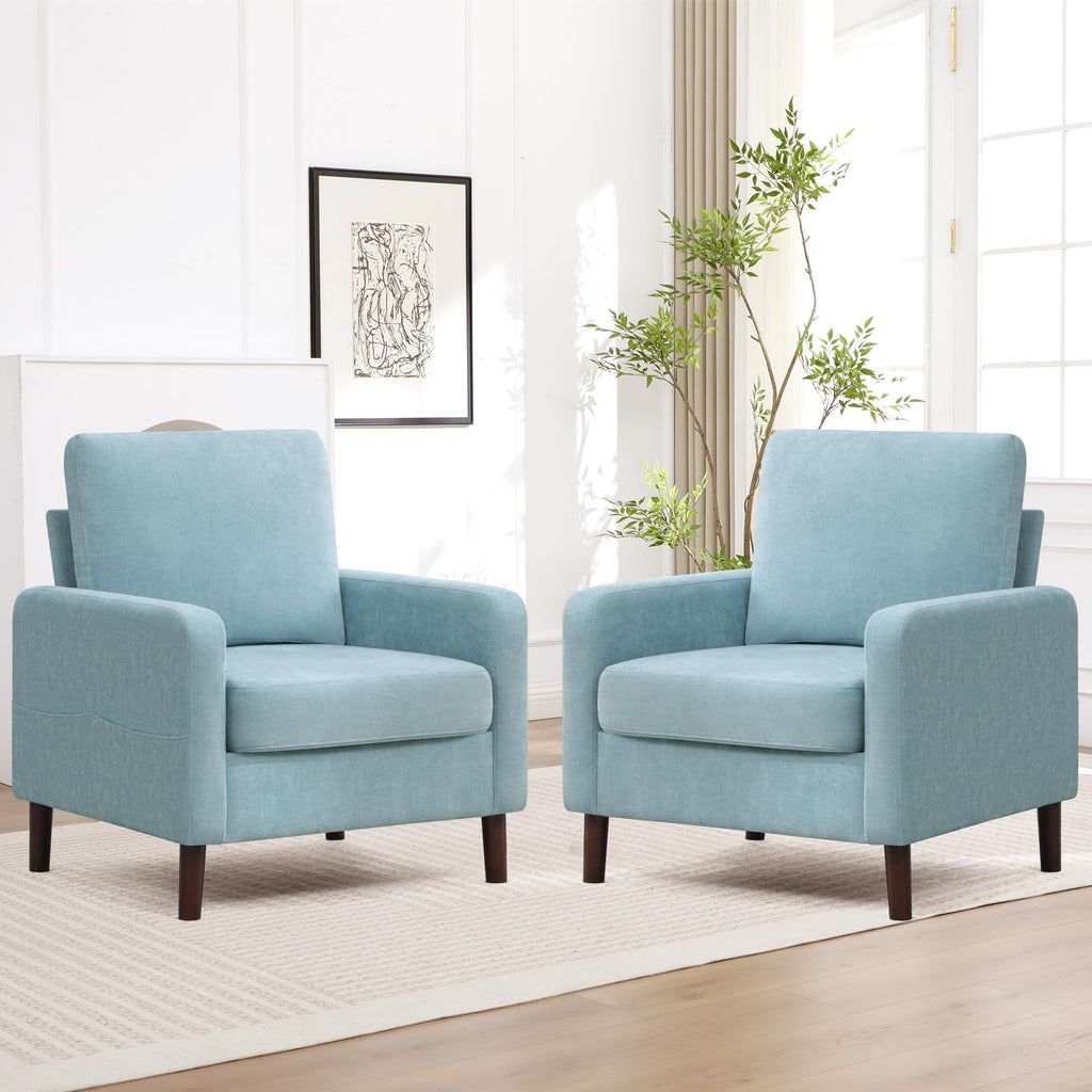 Accent Chair Set of 2, Upholstered Living Room Chairs with Wood Legs and Side Pockets, Modern Reading Chair for Bedroom, Armchair Single Sofa Side Chair for Office, Small Room, Dark Grey