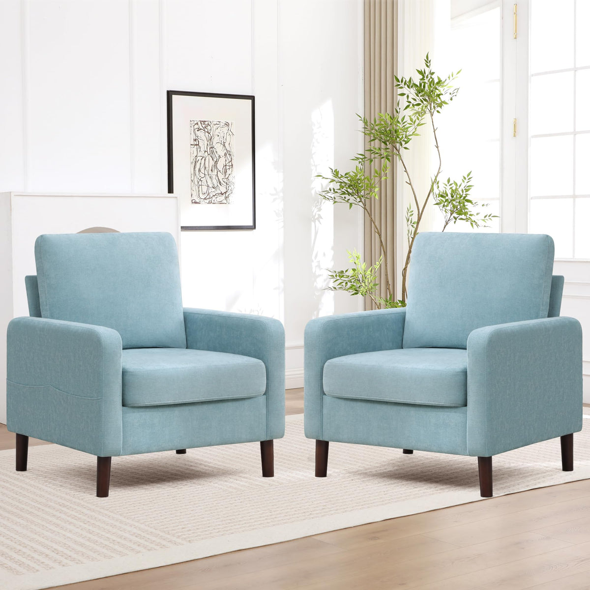 Accent Chair Set of 2, Upholstered Living Room Chairs with Wood Legs and Side Pockets, Modern Reading Chair for Bedroom, Armchair Single Sofa Side Chair for Office, Small Room, Dark Grey