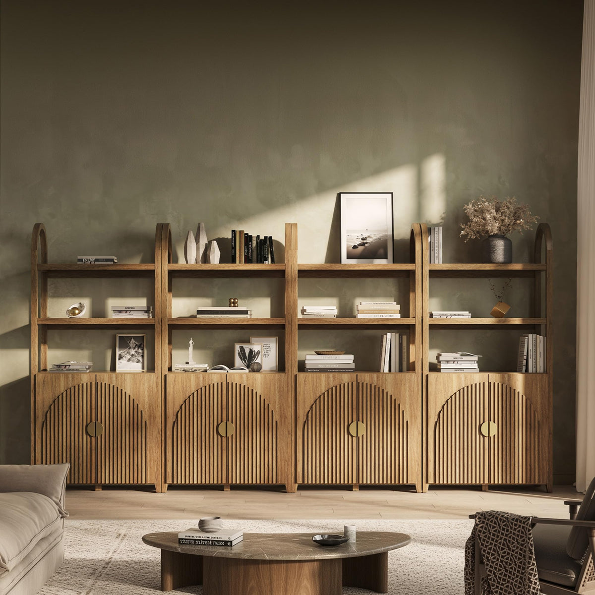 BELLEZE Book Shelf 72" Tall Arched Bookcase with Storage, 5 Tier Mid Century Modern Fluted Bookshelf with Doors, Modular Bookshelves for Living Room Office Library, Set of 2 (Caramel Brown)