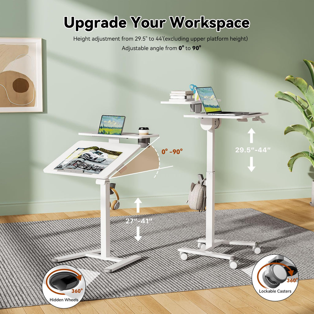 28" Mobile Standing Desk, Tiltable Top with 2-Tier Shelves, White