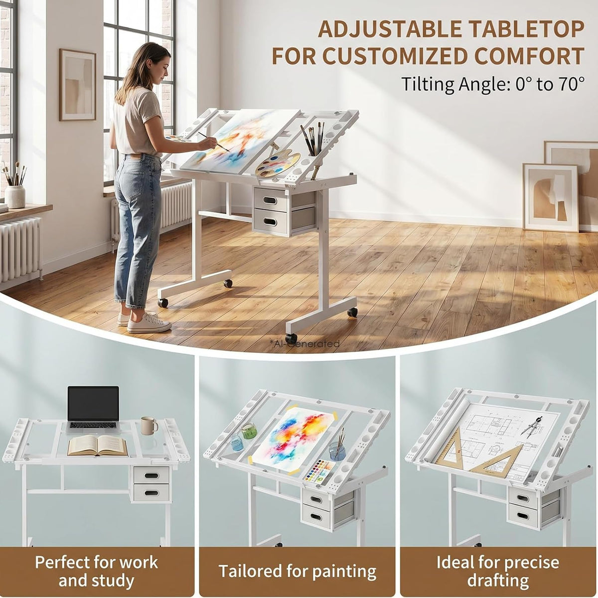 Drafting Table, Adjustable Height Drawing Table Art Table Painting Table Art Craft Desk with 0-75Â° Tilting Glass Tabletop and Storage Drawers, Black