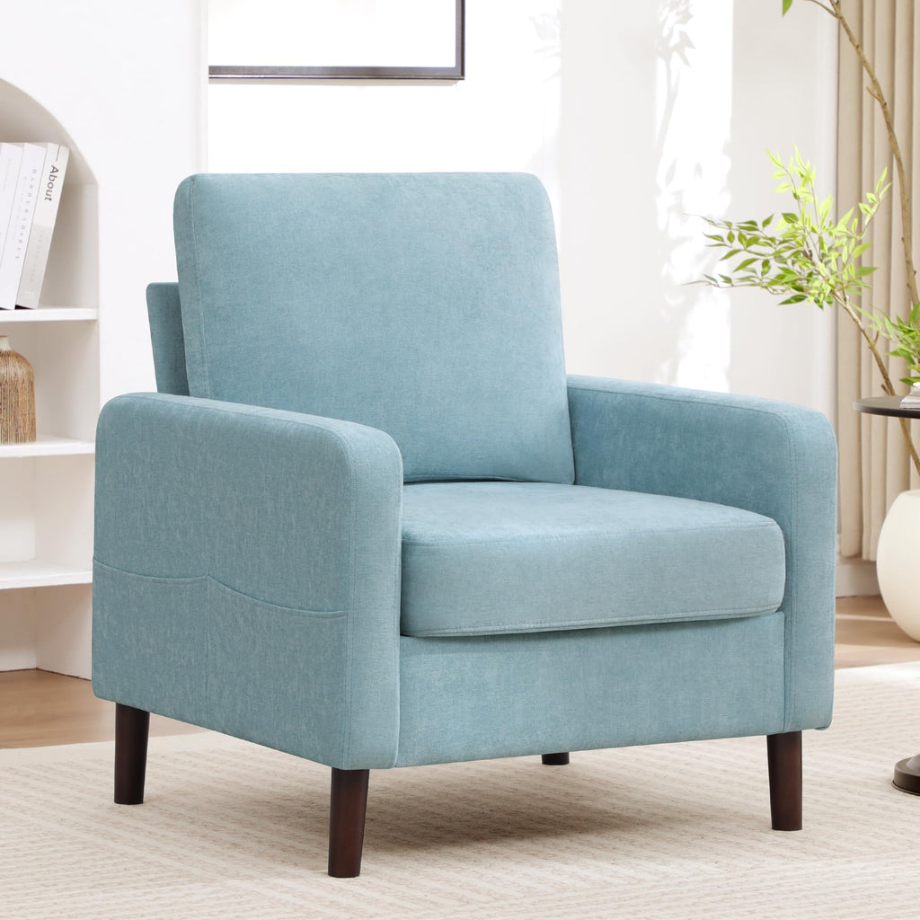 Accent Chair Set of 2, Upholstered Living Room Chairs with Wood Legs and Side Pockets, Modern Reading Chair for Bedroom, Armchair Single Sofa Side Chair for Office, Small Room, Dark Grey