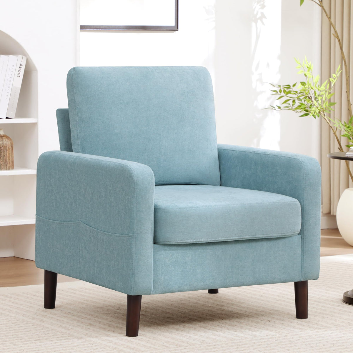 Accent Chair Set of 2, Upholstered Living Room Chairs with Wood Legs and Side Pockets, Modern Reading Chair for Bedroom, Armchair Single Sofa Side Chair for Office, Small Room, Dark Grey