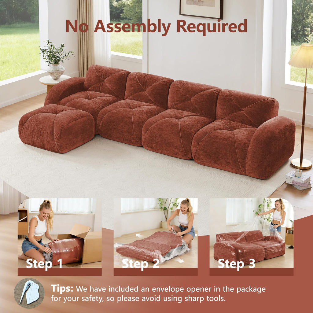 80" Sectional Modular Cloud Couch, Boneless Couch, Loveseat Red