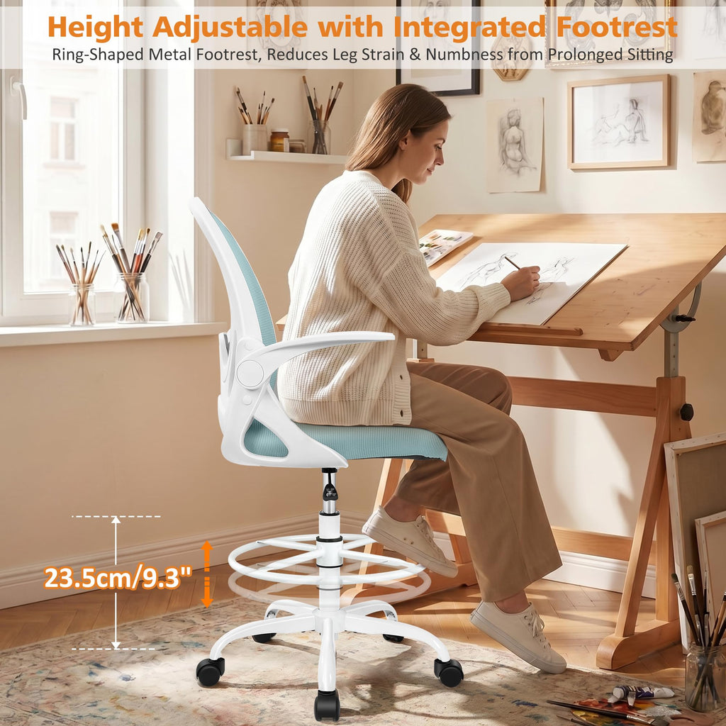 Drafting Chair Tall Office Chair with Flip-up Armrests, Adjustable Height, and Enhanced Lumbar Support - Ergonomic Rolling Stool, Back Support, and Adjustable Foot Rest Ring for Standing Desk White
