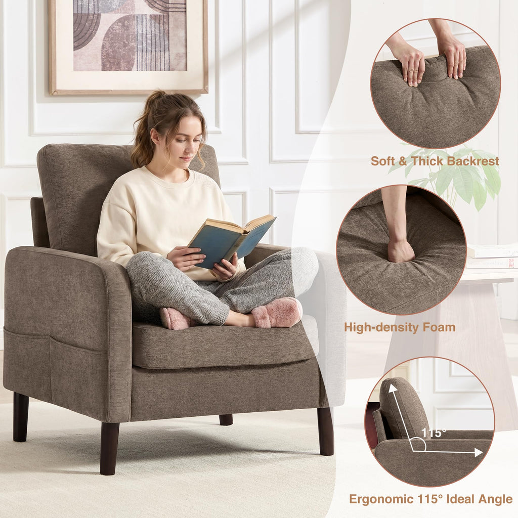 Accent Chair Set of 2, Upholstered Living Room Chairs with Wood Legs and Side Pockets, Modern Reading Chair for Bedroom, Armchair Single Sofa Side Chair for Office, Small Room, Dark Grey