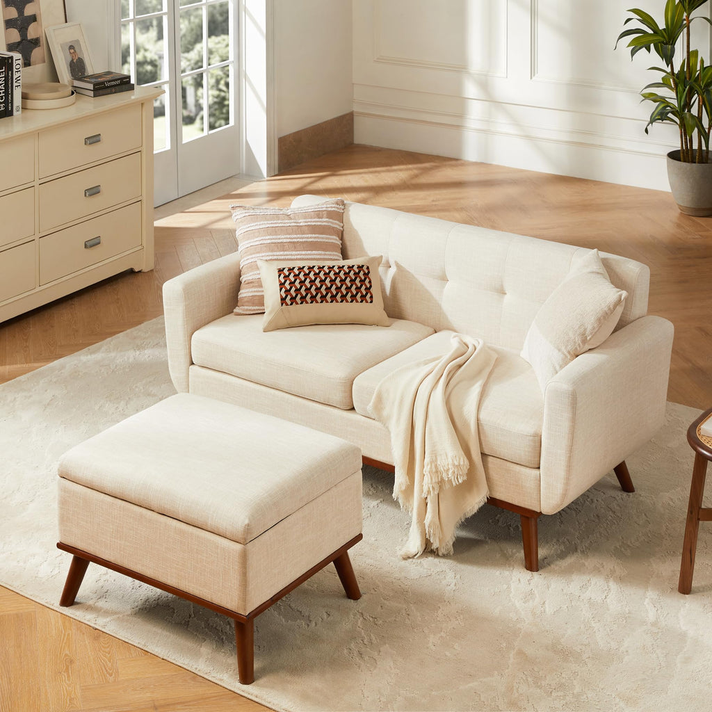 Kingfun 2 Piece Loveseat and Sofa Sets, Mid Century Modern Love Seat Couches for Living Room, Button Tufted Upholstered Furniture, Small Couch for Bedroom, Office, Beige