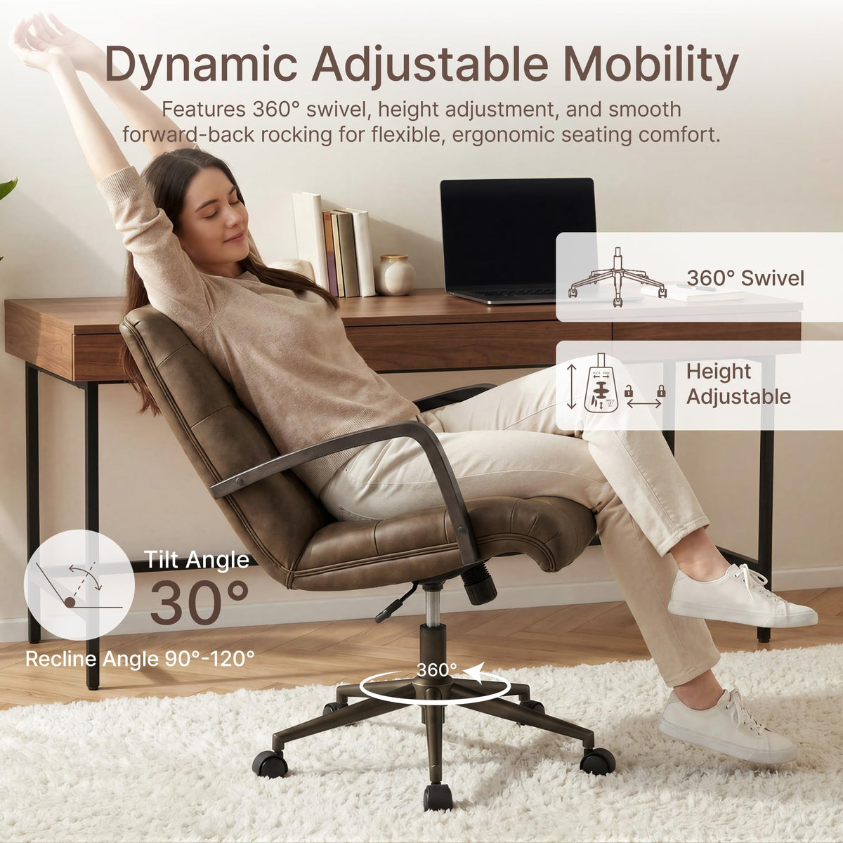 KISLOT Home Office Desk Chair, Ergonomic Office Chair with Lumbar Support, Adjustable Swivel Computer Chair with Wheels, Faux Leather Executive Task Chair with Wood Arms, Set of 2, Brown