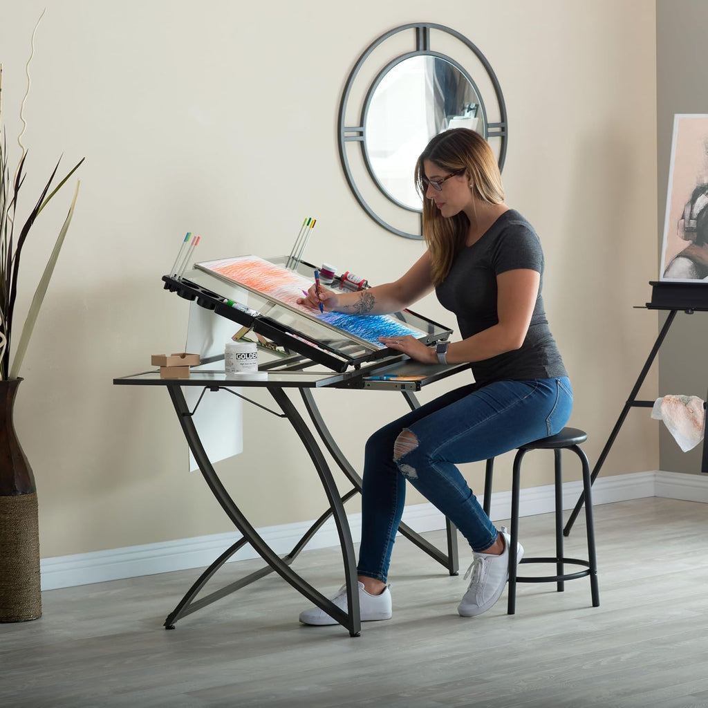 SD STUDIO DESIGNS Futura Luxe Drawing, Drafting, Craft Table with Drawer, 35" Wide Angle Adjustable Top and Side Shelf, Pewter Grey/Clear Glass