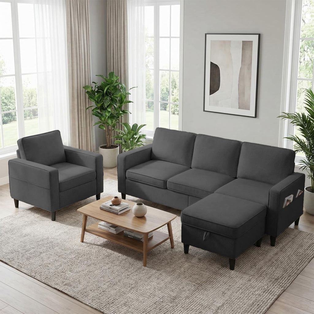 Mjkone 78"W 3 Pieces Sofa Couches Set for Living Room Sets Furniture, Sectional L Shaped 3-Seater Small Sofas Couch and Loveseat Sets with Storage Ottoman and Side Pockets for Home Office, Light Gray