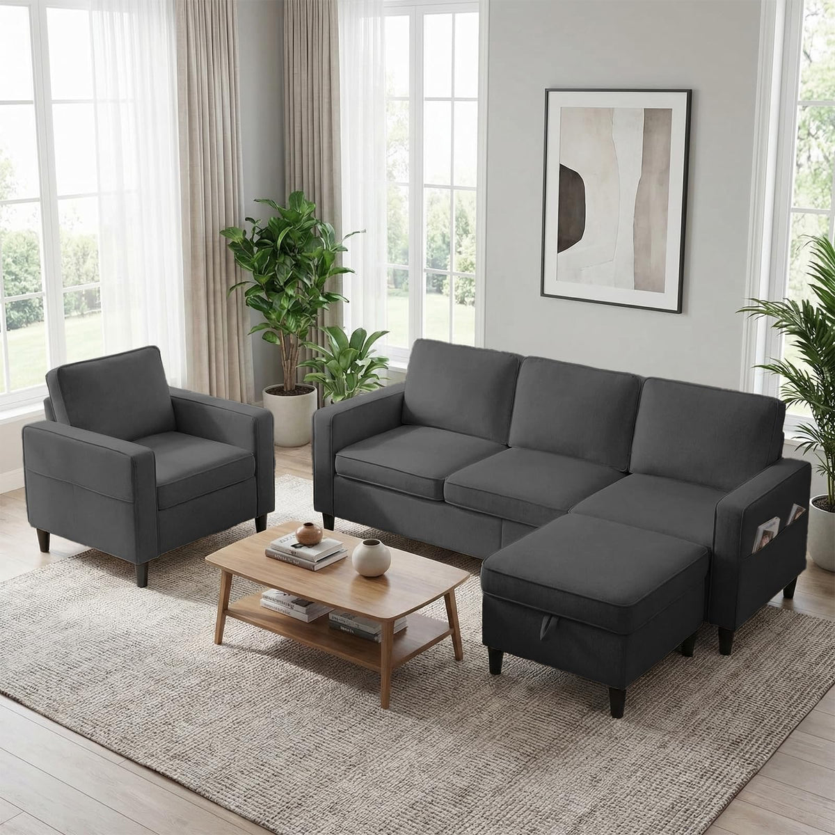 Mjkone 78"W 3 Pieces Sofa Couches Set for Living Room Sets Furniture, Sectional L Shaped 3-Seater Small Sofas Couch and Loveseat Sets with Storage Ottoman and Side Pockets for Home Office, Light Gray