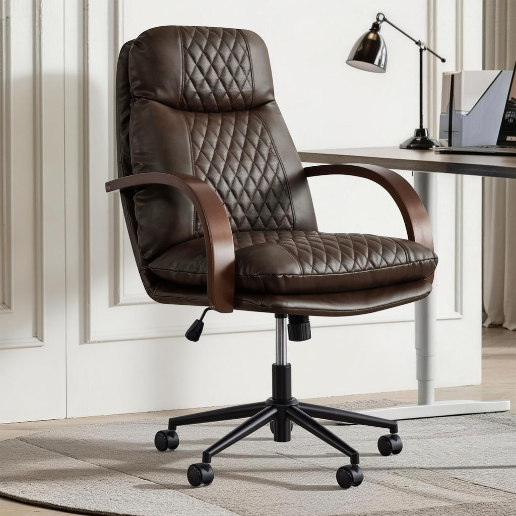 KISLOT Home Office Desk Chair, Ergonomic Office Chair with Lumbar Support, Adjustable Swivel Computer Chair with Wheels, Faux Leather Executive Task Chair with Wood Arms, Set of 2, Brown