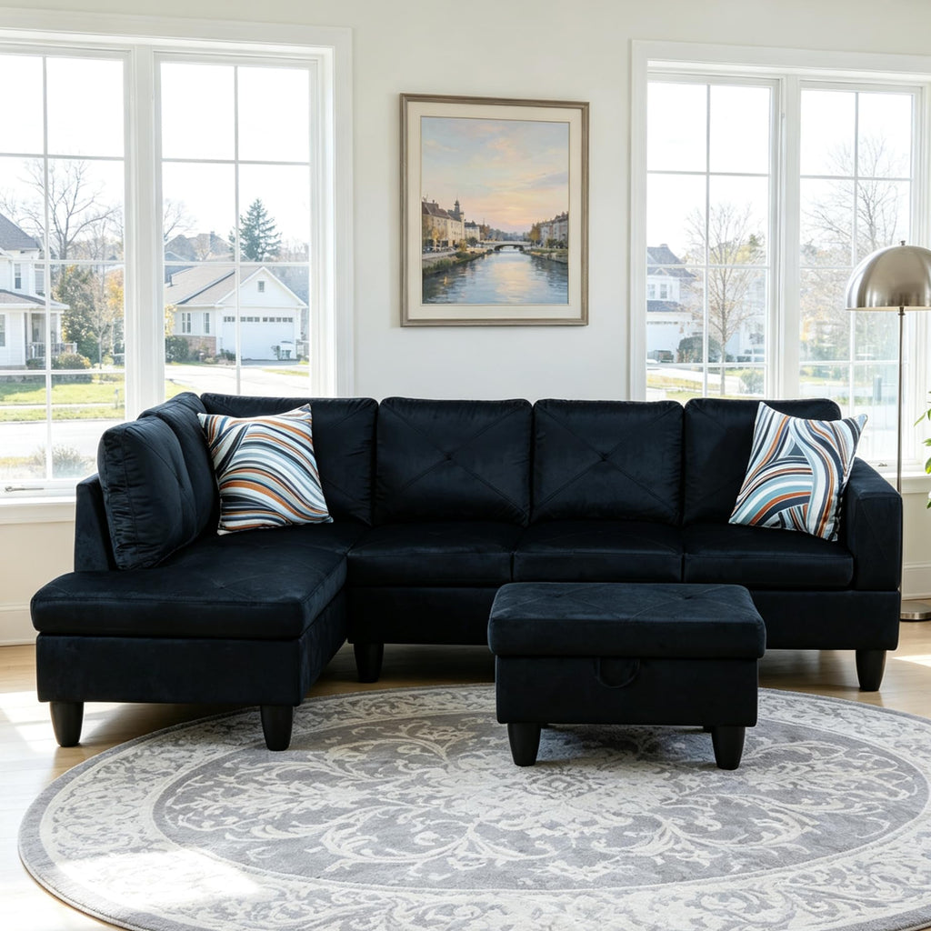 97.5" L-Shaped Modular Sectional Sofa with Movable Chaise & Storage Ottoman, 3 Piece Convertible Leather Couch, 4 Seat Gloss Black Living Room Furniture Set for Apartment Home Office