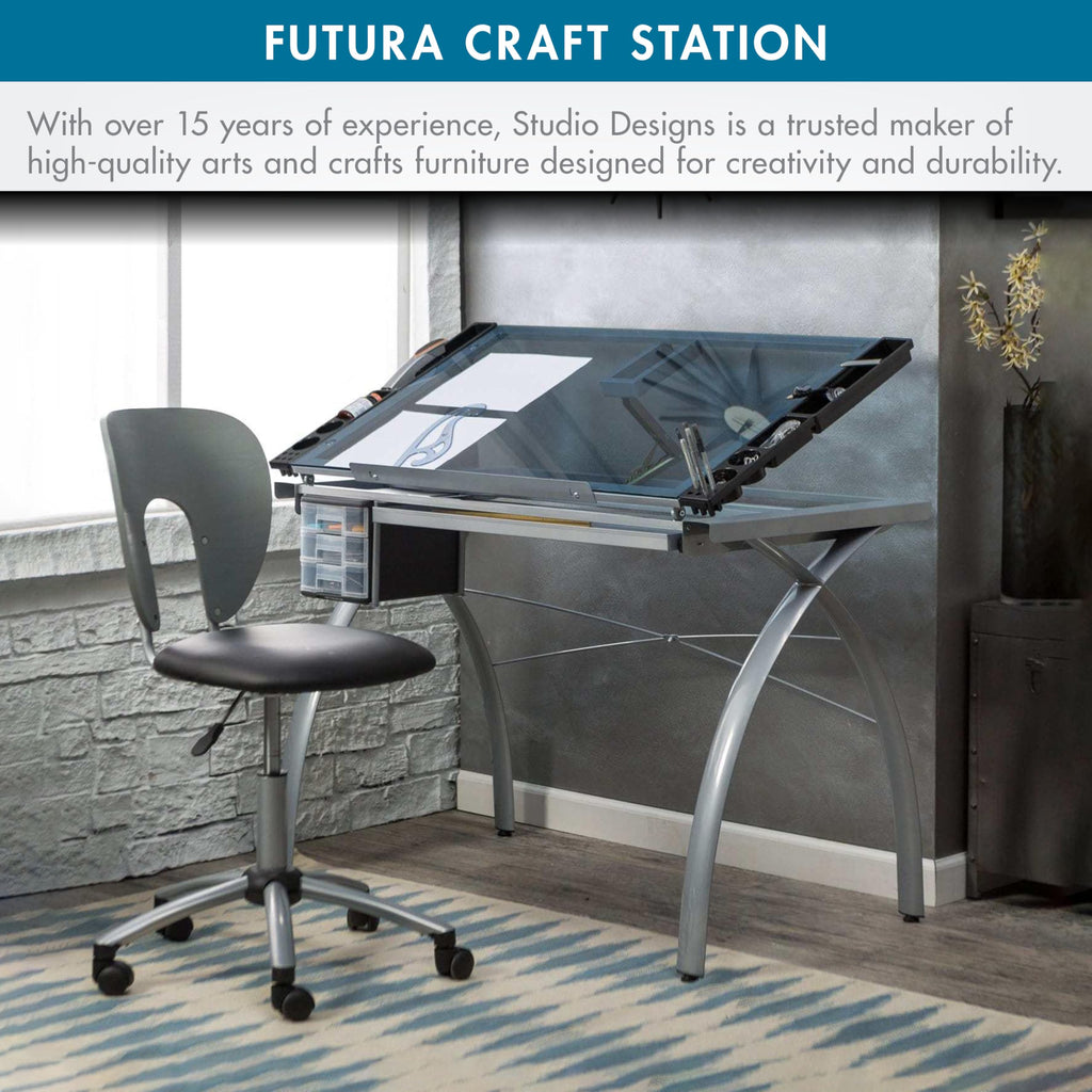 SD Studio Designs 10096 Futura Station with Folding Shelf Top Adjustable Drafting Craft Drawing Hobby Table Writing Studio Desk with Drawer, 35.5'' W x 23.75'' D, White/Clear Glass