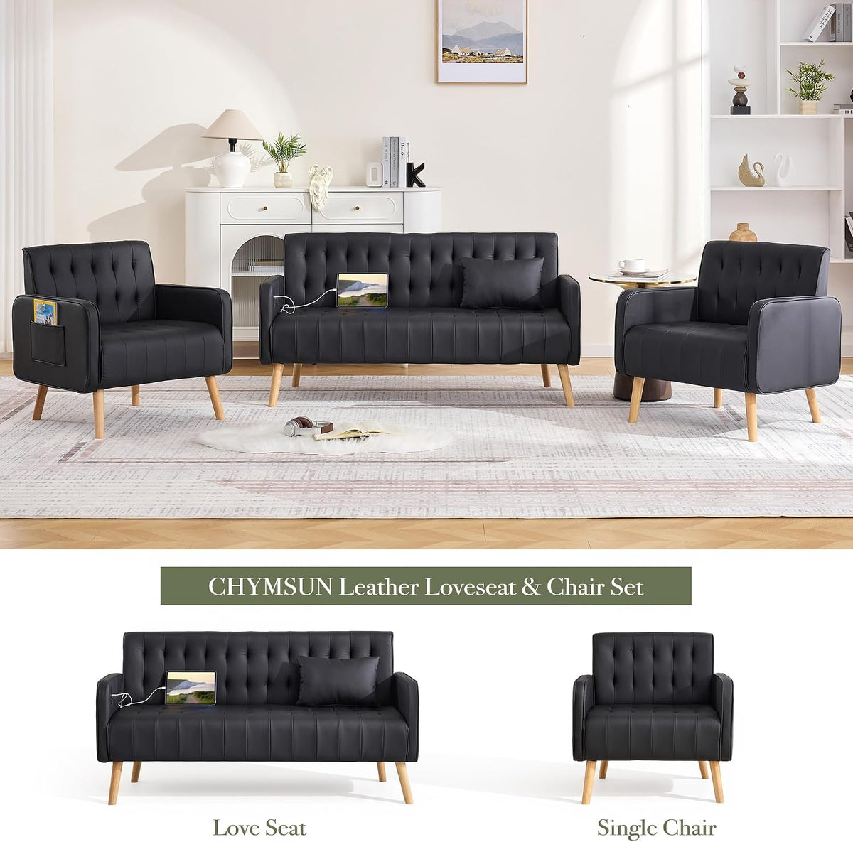 57â Small Faux Leather Loveseat Couch and Accent Chair Set of 2 (3, Black)