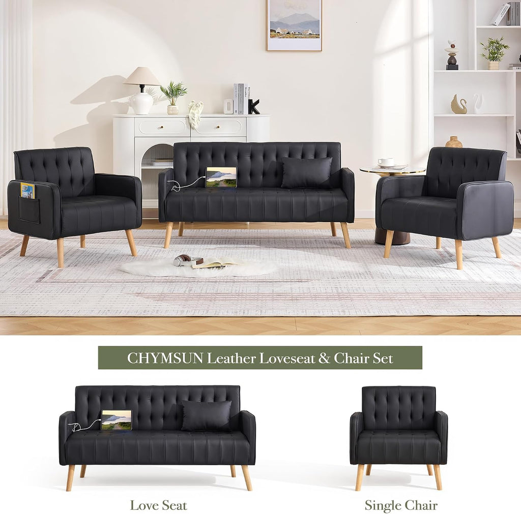 Leather Accent Chair Set of 2, Living Room Chair with Wooden Legs (Black)