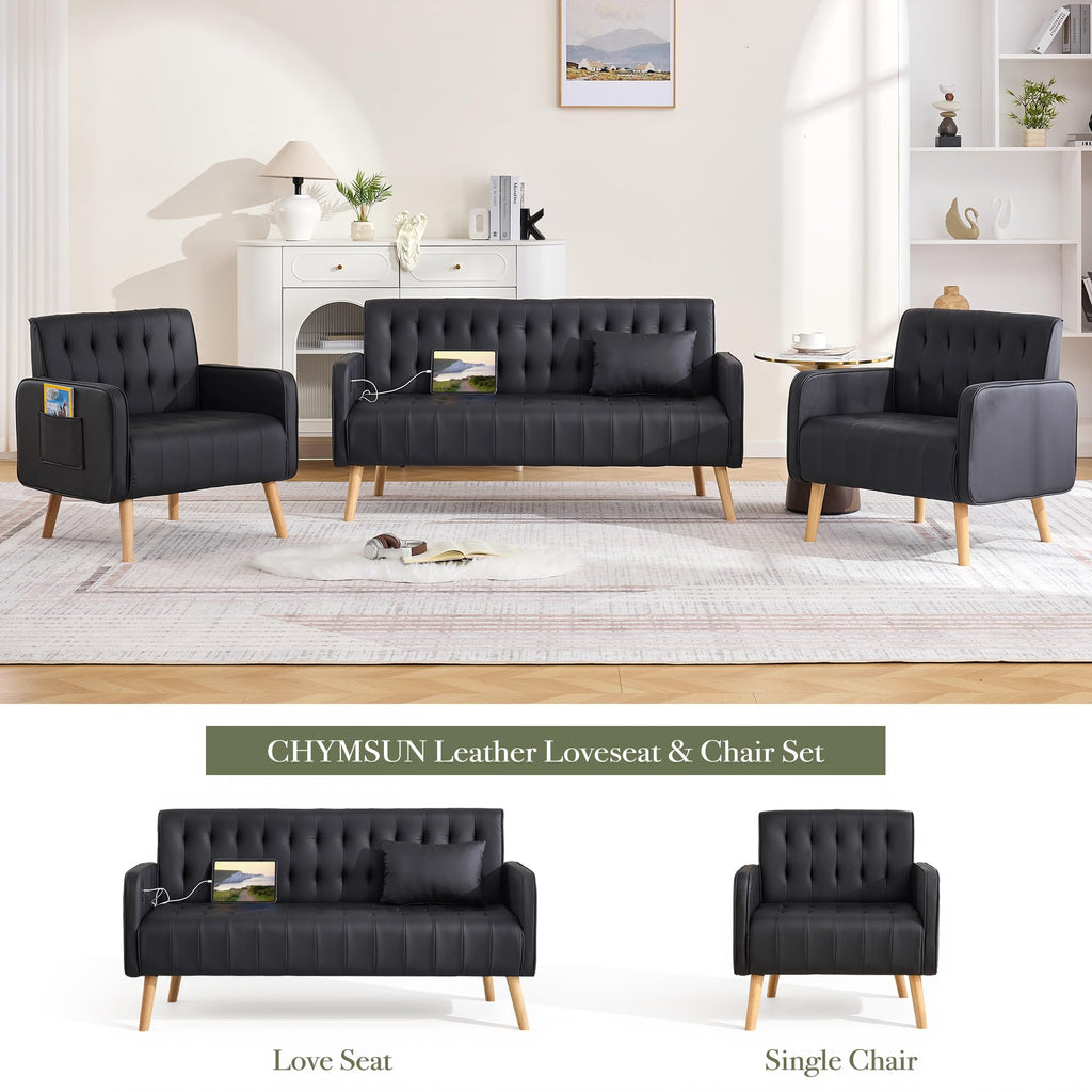 Leather Accent Chair Set of 2, Living Room Chair with Wooden Legs (Black)