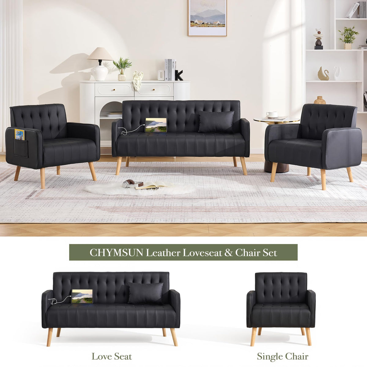 Leather Accent Chair Set of 2, Living Room Chair with Wooden Legs (Black)
