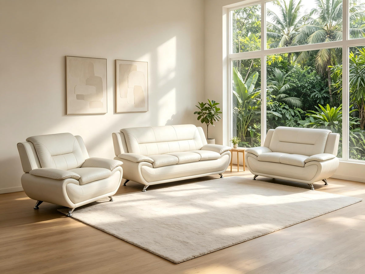 Creamy White Living Room Furniture Set, 2-Piece Modern Faux Leather Couches for Home, Living Room Sofa Sets, 3-Seater Sofa and Loveseat with Metal Feet, Couch Set for Bedroom, Hotel, Office