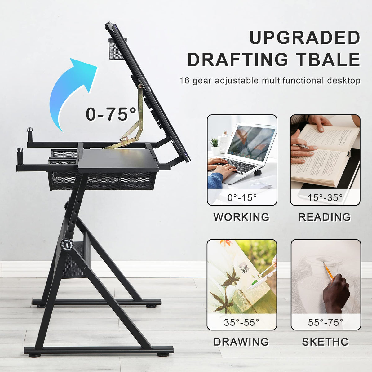 Drafting Table Adjustable for Artists - Art Drawing Desk with Storage for Painting Sketching - Glass Top for Painters Illustrators Cartoonists White