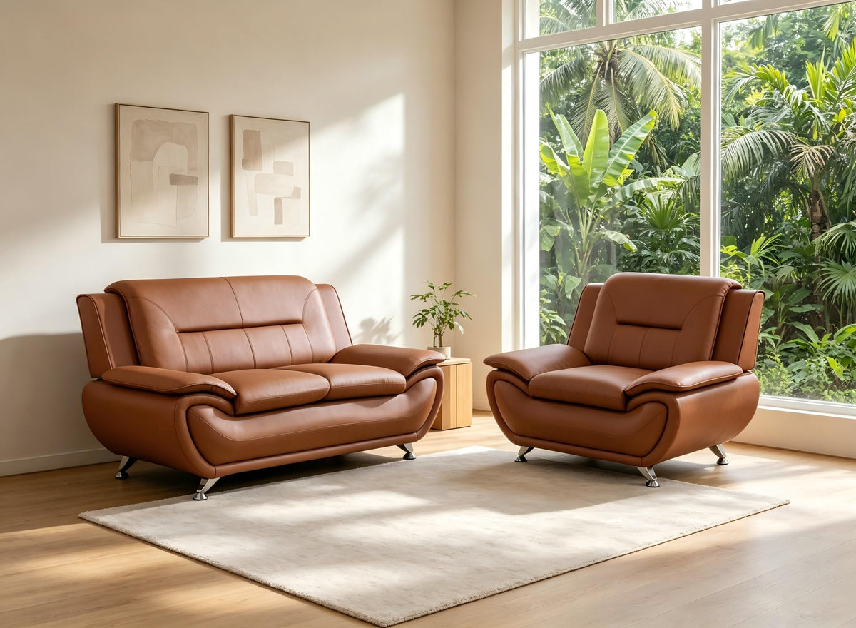 Creamy White Living Room Furniture Set, 2-Piece Modern Faux Leather Couches for Home, Living Room Sofa Sets, 3-Seater Sofa and Loveseat with Metal Feet, Couch Set for Bedroom, Hotel, Office