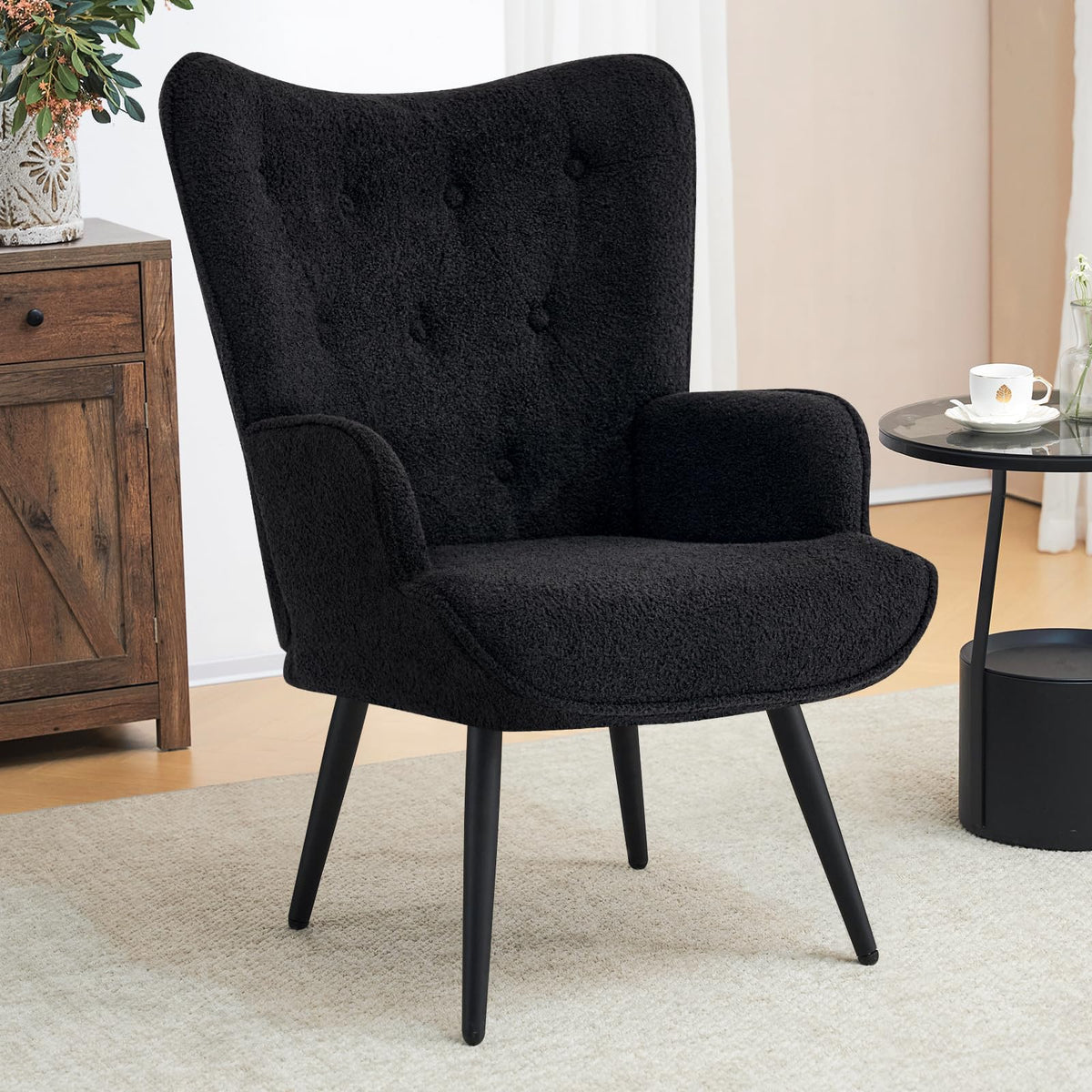 Furniliving PU Leather Accent Chair for Living Room, Upholstered Reading Chair with High Backrest, Tufted-Button Wingback Armchair for Bedroom, Dressing Room, Home Office, Brown, Set of 2